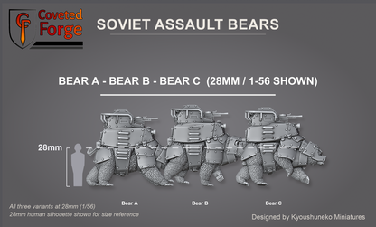 Soviet Assault Bears - Bear A, Bear B and Bear C variants at 28mm scale beside a 28mm human silhouette