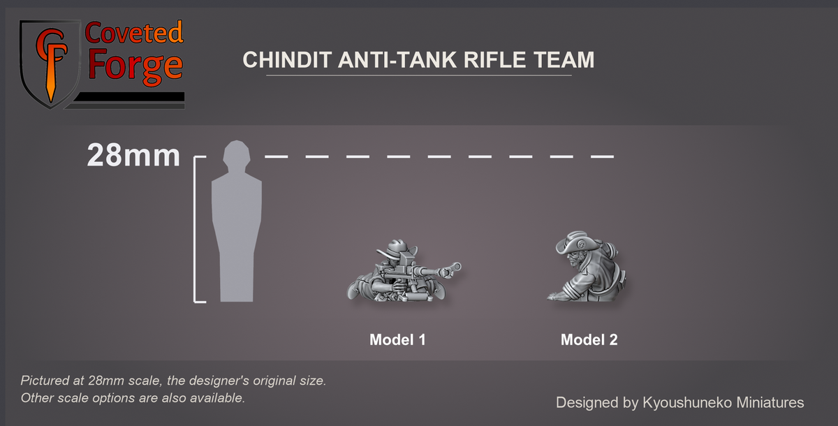 Coveted Forge scale reference: the two Chindit anti-tank rifle team models at 28mm beside a 28mm human silhouette, labelled Model 1 and Model 2; also offered from 15mm to 54mm.