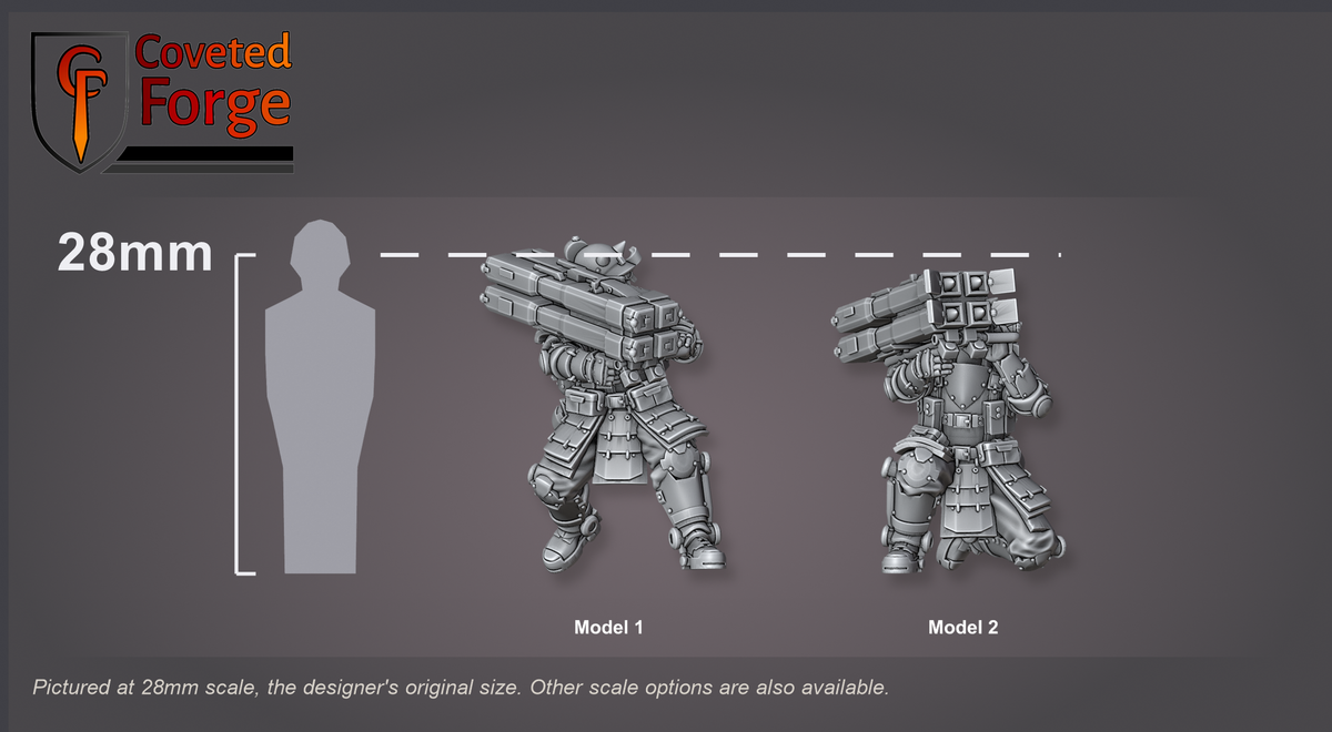 The IJN Armored Assault Anti-Tank Grenade Launcher team shown at 28mm native scale beside a 28mm human silhouette for scale reference; also offered from 15mm to 54mm.