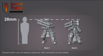 The IJN Armored Assault Anti-Tank Grenade Launcher team shown at 28mm native scale beside a 28mm human silhouette for scale reference; also offered from 15mm to 54mm.