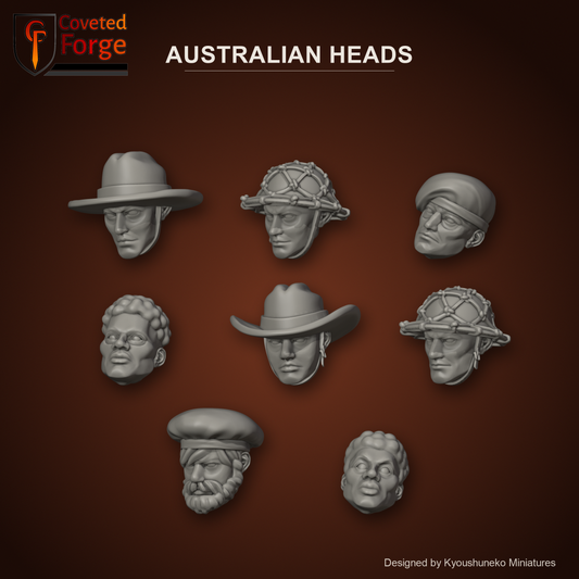 Australian Heads by Kyoushuneko Miniatures: 8 heads across all 4 styles (Infantry (Slouch Hats), Infantry (Netted Helmets), Commandos and Papuan Infantry) in warm clay on a dark red-earth backdrop, unpainted 3D-printed resin heads with neck pegs for 28mm, 32mm and 35mm conversions.