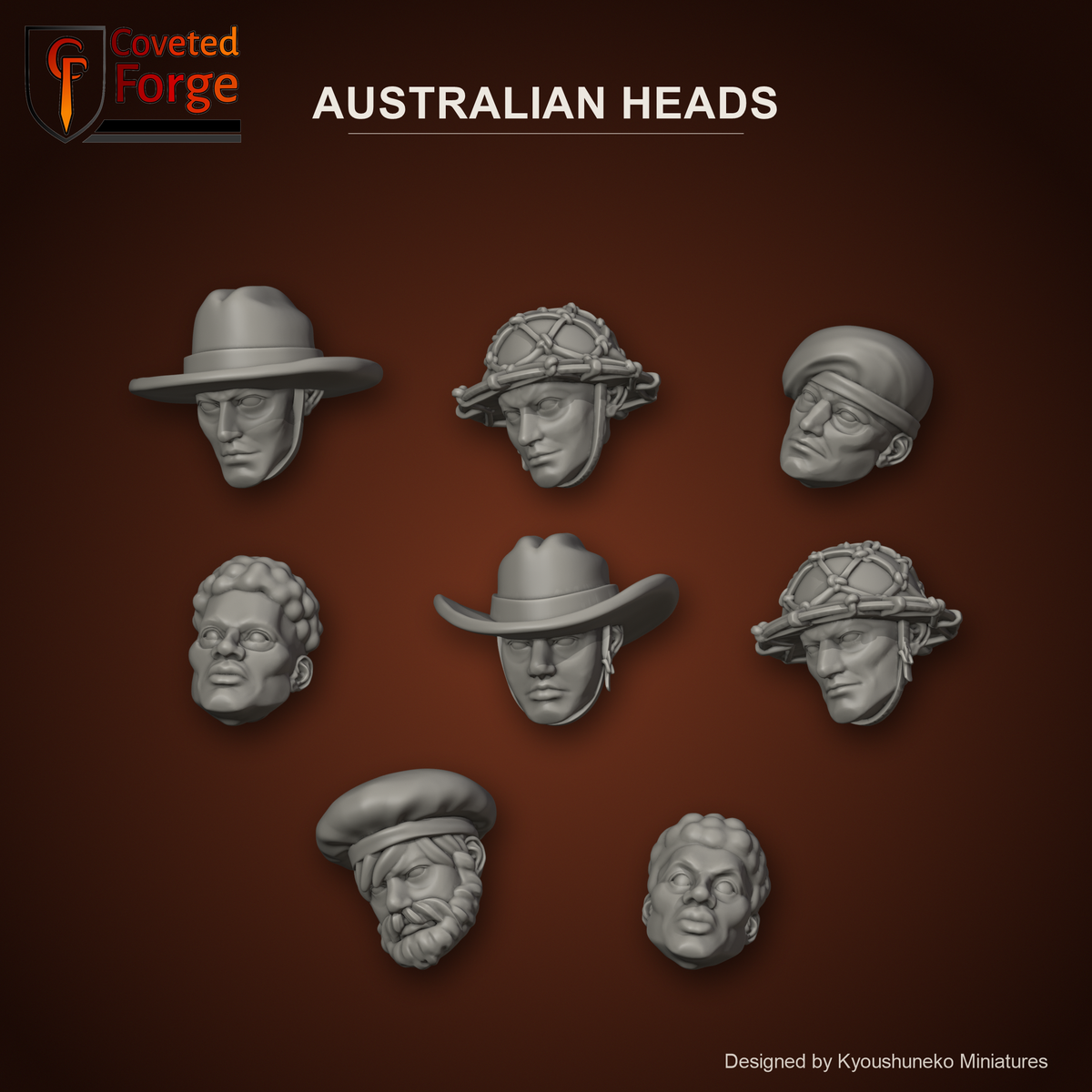 Australian Heads by Kyoushuneko Miniatures: 8 heads across all 4 styles (Infantry (Slouch Hats), Infantry (Netted Helmets), Commandos and Papuan Infantry) in warm clay on a dark red-earth backdrop, unpainted 3D-printed resin heads with neck pegs for 28mm, 32mm and 35mm conversions.
