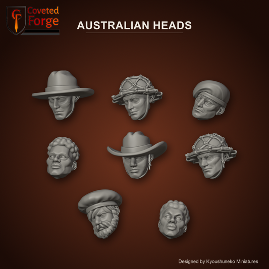 Australian Heads by Kyoushuneko Miniatures: 8 heads across all 4 styles (Infantry (Slouch Hats), Infantry (Netted Helmets), Commandos and Papuan Infantry) in warm clay on a dark red-earth backdrop, unpainted 3D-printed resin heads with neck pegs for 28mm, 32mm and 35mm conversions.
