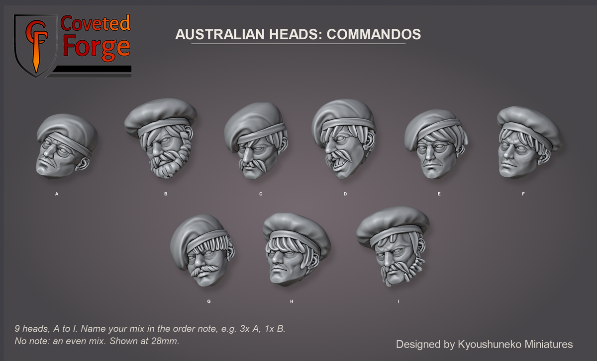 Coveted Forge bits sheet: Heads (3 of 4), Australian Heads Commandos style guide, 9 different heads lettered A to I to name in the order note, shown at 28mm, resin heads by Kyoushuneko Miniatures.