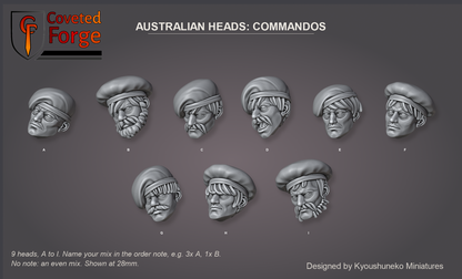 Coveted Forge bits sheet: Heads (3 of 4), Australian Heads Commandos style guide, 9 different heads lettered A to I to name in the order note, shown at 28mm, resin heads by Kyoushuneko Miniatures.