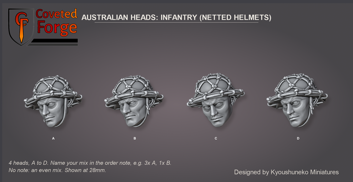 Coveted Forge bits sheet: Heads (2 of 4), Australian Heads Infantry (Netted Helmets) style guide, 4 different heads lettered A to D to name in the order note, shown at 28mm, resin heads by Kyoushuneko Miniatures.