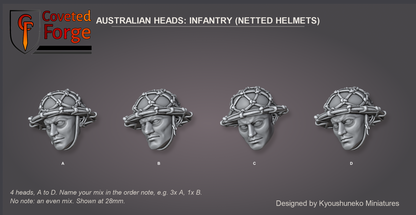 Coveted Forge bits sheet: Heads (2 of 4), Australian Heads Infantry (Netted Helmets) style guide, 4 different heads lettered A to D to name in the order note, shown at 28mm, resin heads by Kyoushuneko Miniatures.