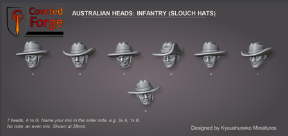 Coveted Forge bits sheet: Heads (1 of 4), Australian Heads Infantry (Slouch Hats) style guide, 7 different heads lettered A to G to name in the order note, shown at 28mm, resin heads by Kyoushuneko Miniatures.