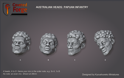 Coveted Forge bits sheet: Heads (4 of 4), Australian Heads Papuan Infantry style guide, 4 different heads lettered A to D to name in the order note, shown at 28mm, resin heads by Kyoushuneko Miniatures.