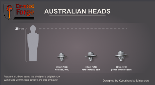 Coveted Forge scale reference: one Australian Infantry (Slouch Hats) head at 28mm, 32mm and 35mm scale beside a 28mm human silhouette, front three-quarter view, each scale labelled with the ranges it suits; 28mm is the designer's original size, upscaled 32mm and 35mm options are also available; every head style is the same scale.