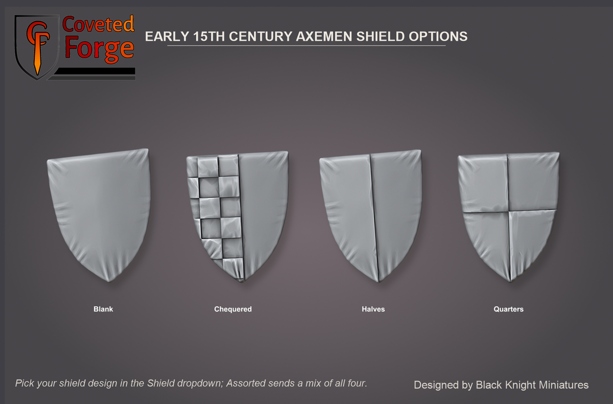 Early 15th Century Men-at-Arms with Axes shield options: Blank, Chequered, Halves and Quarters, the four heater shield designs picked in the Shield dropdown, shown point down as worn