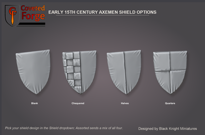 Early 15th Century Men-at-Arms with Axes shield options: Blank, Chequered, Halves and Quarters, the four heater shield designs picked in the Shield dropdown, shown point down as worn