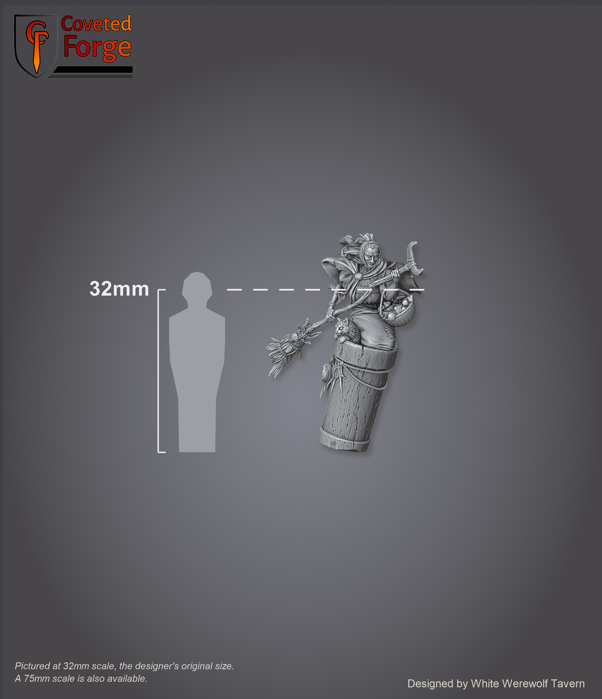 Scale reference: Baba Yaga at 32mm scale beside a 32mm human silhouette