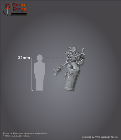 Scale reference: Baba Yaga at 32mm scale beside a 32mm human silhouette