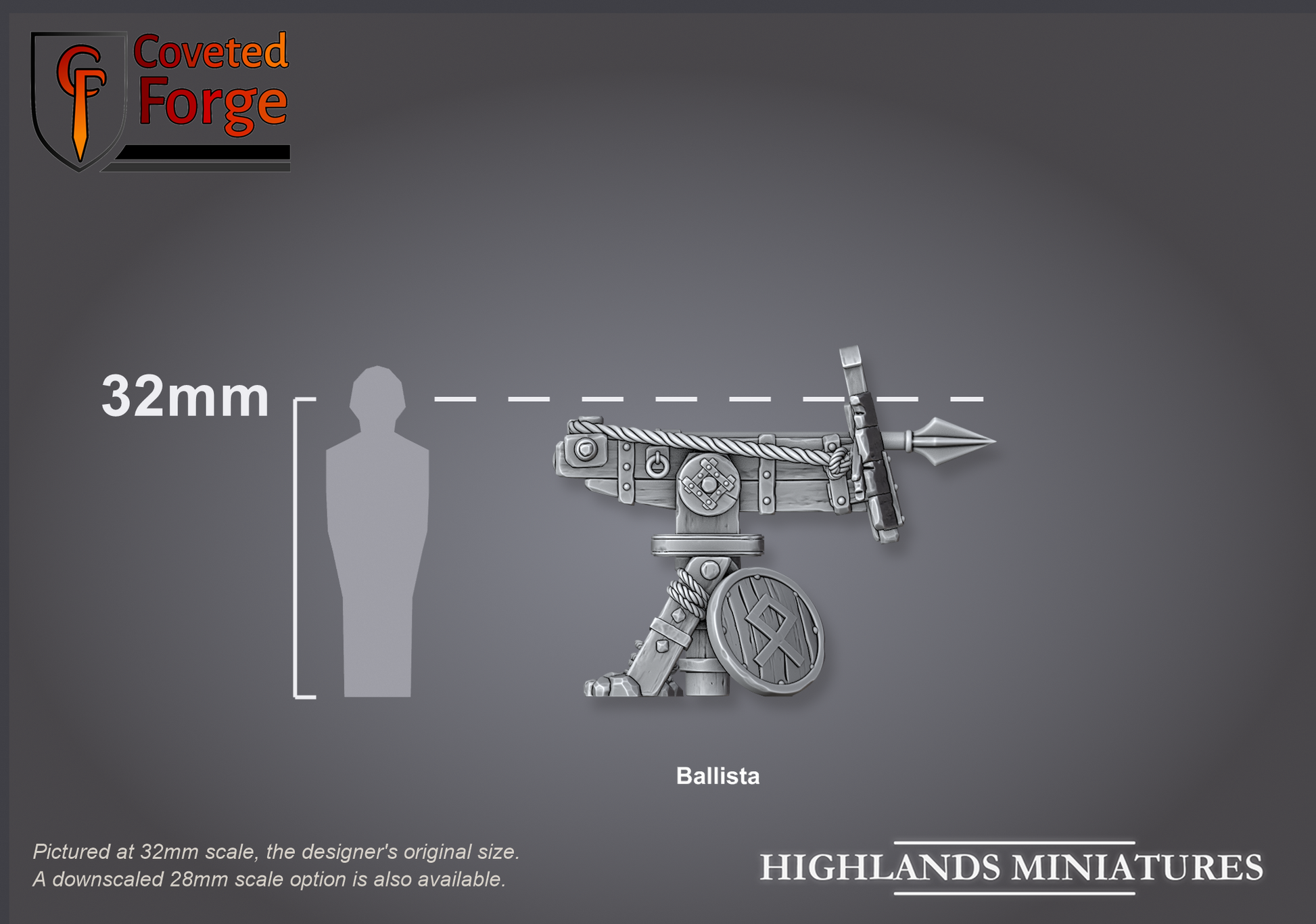 Dwarf ballista bolt thrower, side profile, size compared to a 32mm human
