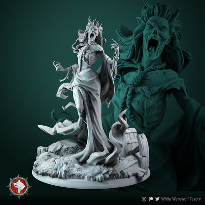 Banshee resin miniature, wailing spirit with hangman's noose and trailing grave robes on a snowy base