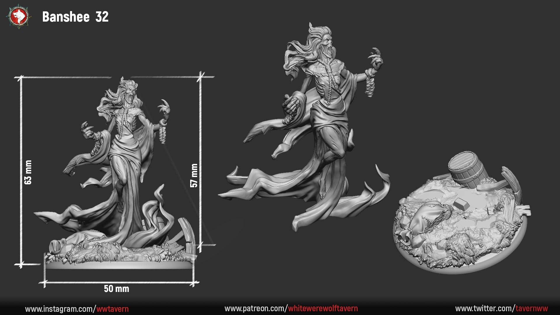 Banshee 32mm size sheet, 63mm tall overall on a 50mm scenic round with wrecked cart