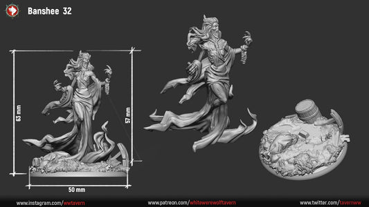 Banshee 32mm size sheet, 63mm tall overall on a 50mm scenic round with wrecked cart