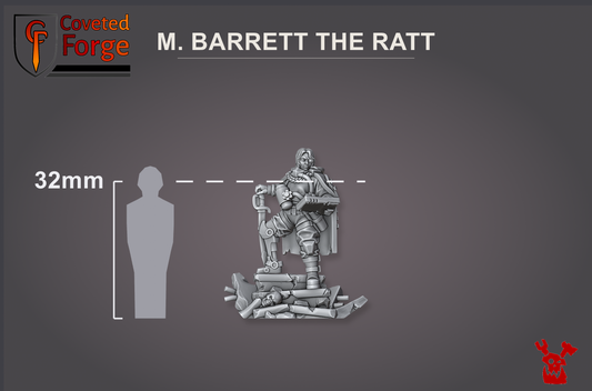 Render of M. Barrett the Ratt | 32mm Sci-Fi Renegade Commander | Resin HQ: She carries the trophy cloak of the lord she overthrew, the renegade ruler of a penal colony. 3D printed resin miniature, used as a renegade commander proxy.