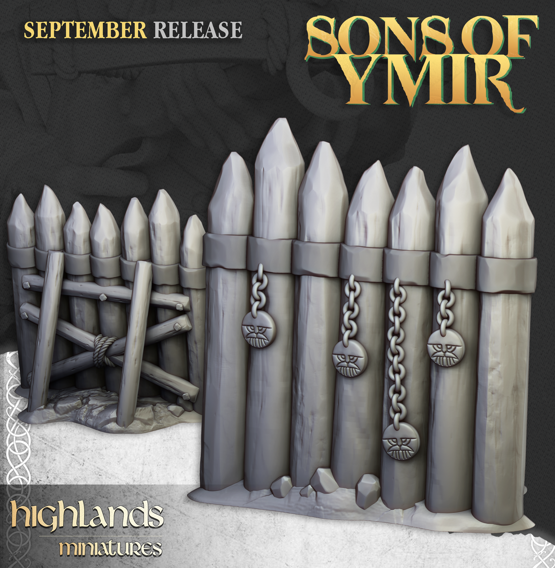 Render of Dwarf Battlefield Scatter Terrain | Scenery | Highlands: Dwarf scatter terrain dresses the table with barricades, a smoke marker, and mine rails, cart, and crystals. Kings of War, Age of Fantasy, Old World.