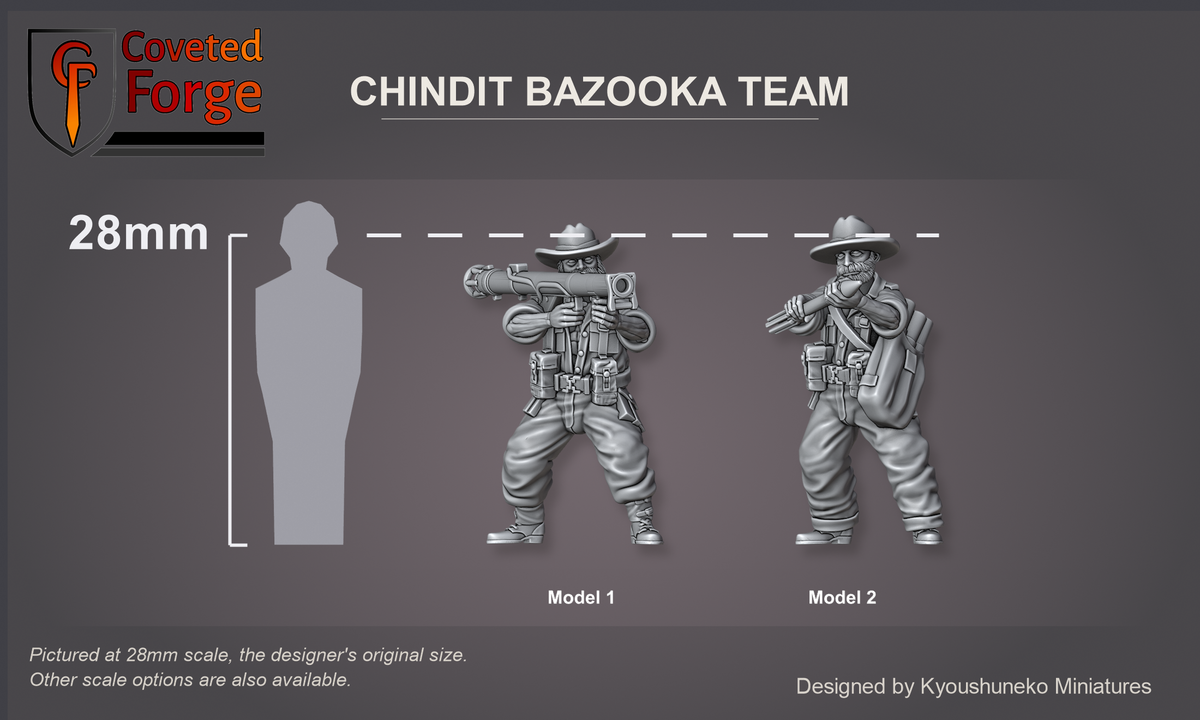 Coveted Forge scale reference: the two Chindit bazooka team models at 28mm beside a 28mm human silhouette, labelled Model 1 and Model 2; also offered from 15mm to 54mm.