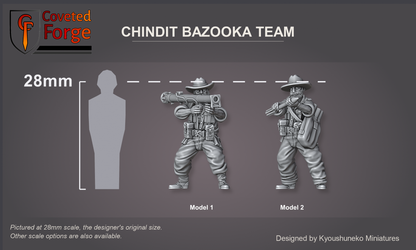 Coveted Forge scale reference: the two Chindit bazooka team models at 28mm beside a 28mm human silhouette, labelled Model 1 and Model 2; also offered from 15mm to 54mm.