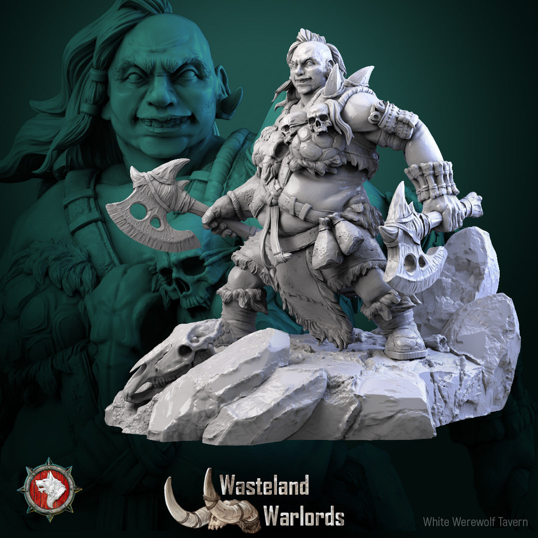 Three-quarter view of Bloody Bitbat with twin axes and fur boots on the scenic base