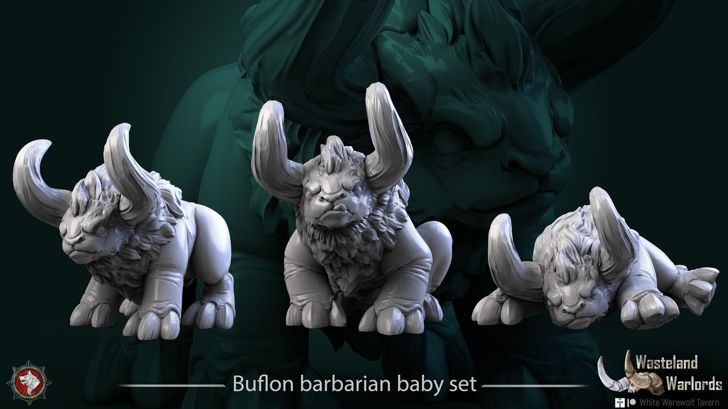 Three baby buflon beast miniatures with horns and shaggy manes in standing, lying and sitting poses