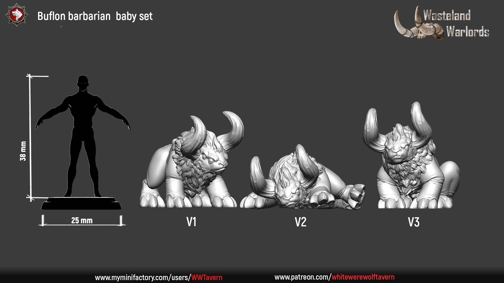 Buflon baby set size sheet showing the three poses beside a 38mm human on a 25mm round