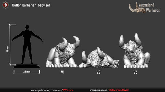Buflon baby set size sheet showing the three poses beside a 38mm human on a 25mm round