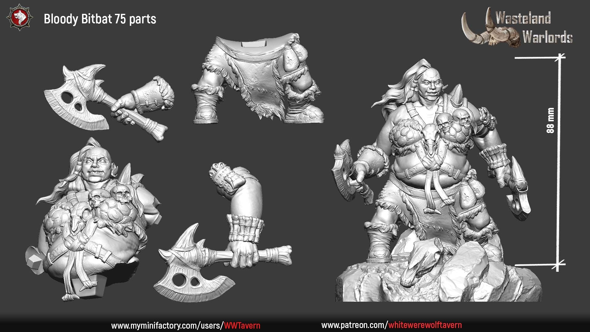 Bloody Bitbat 75mm parts layout with body, legs, arms and base, 88mm assembled height