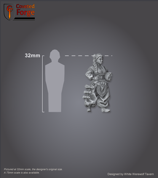 Scale reference: Beatrix Wordwright at 32mm scale beside a 32mm human silhouette