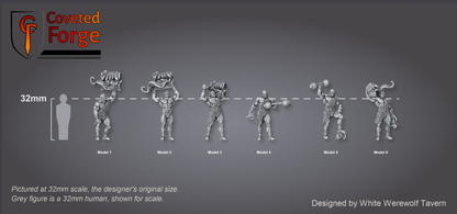 Scale reference: all six Green Behemoth models at 32mm scale beside a 32mm human silhouette