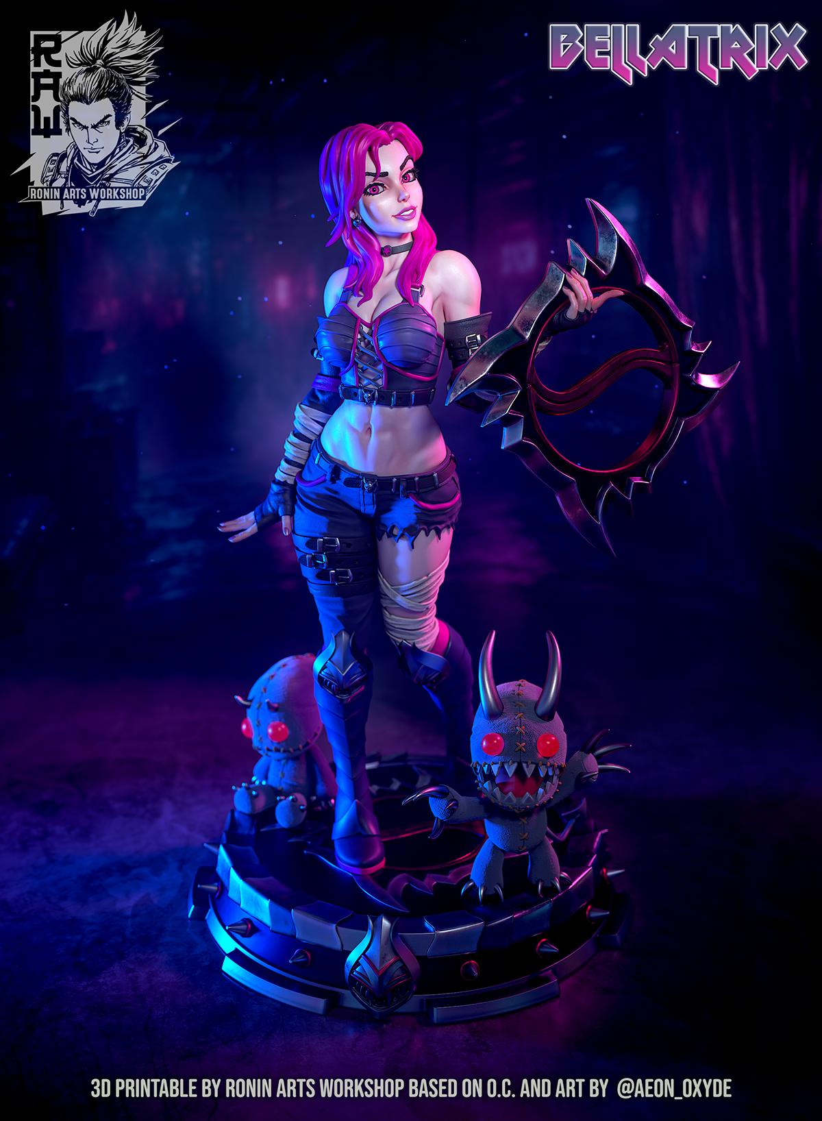 Bellatrix, punk girl pin-up display figure in colour, Clothed style on the Base with dolls, with a spiked ring blade and two stitched demon dolls, designer render by Ronin Arts Workshop of aeon_oxyde's character.