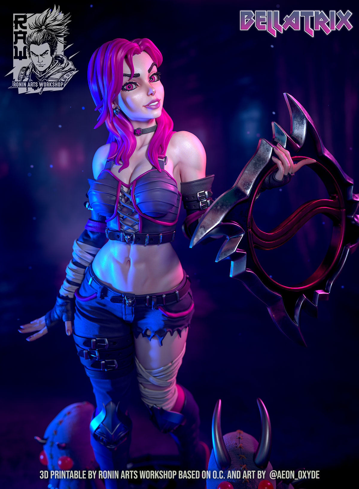 Bellatrix, close-up of the face, corset top and ring blade, colour render by Ronin Arts Workshop.