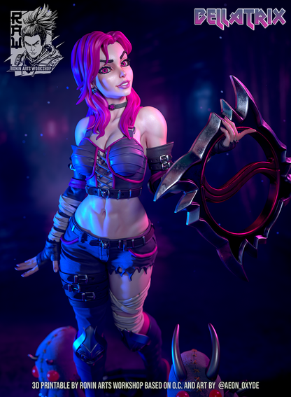 Bellatrix, close-up of the face, corset top and ring blade, colour render by Ronin Arts Workshop.