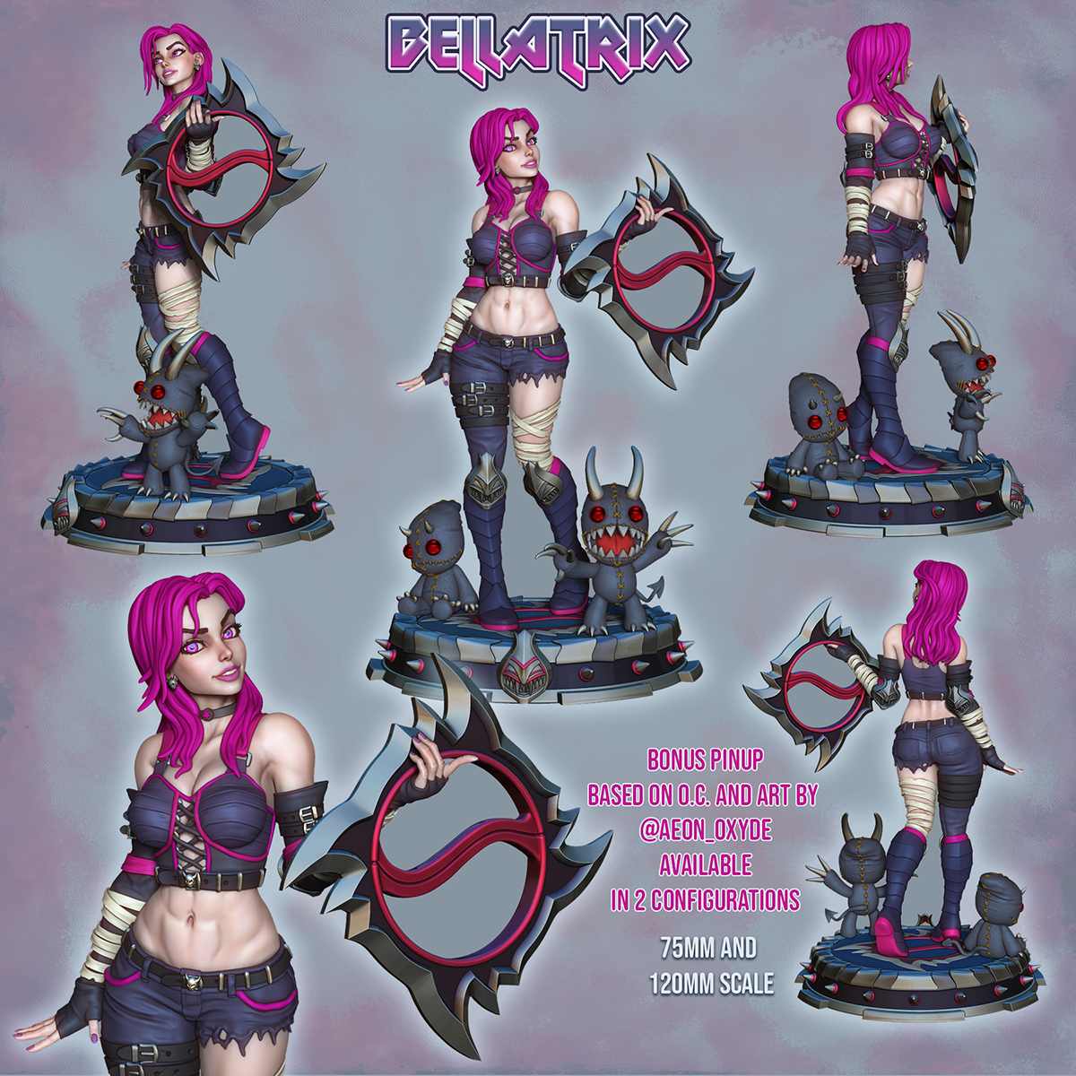 Bellatrix, turnaround views in colour with the demon dolls, designer render.