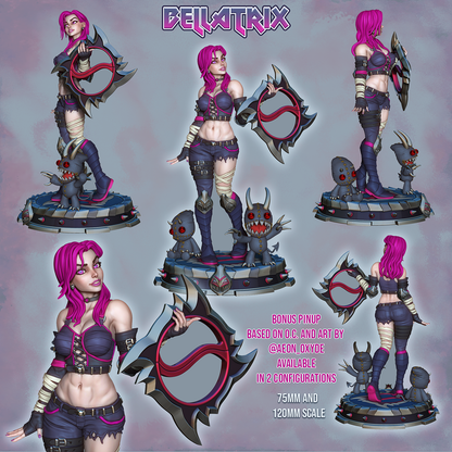 Bellatrix, turnaround views in colour with the demon dolls, designer render.