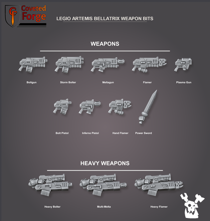 Labeled weapon bits for the Bellatrix squad in side profile: boltgun, storm bolter, meltagun, flamer, plasma, pistols, power sword, and heavy bolter, multi-melta and heavy flamer