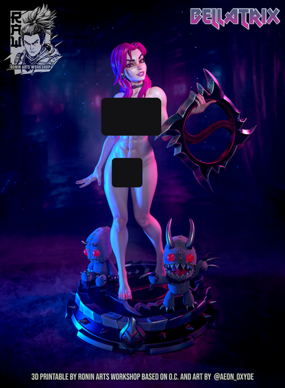 NSFW: Bellatrix, the Nude style of the punk girl pin-up, designer render with censored areas, by Ronin Arts Workshop.