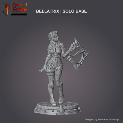 Bellatrix on the Solo base, Clothed style, Coveted Forge render of the designer's files, plinth without the demon dolls.
