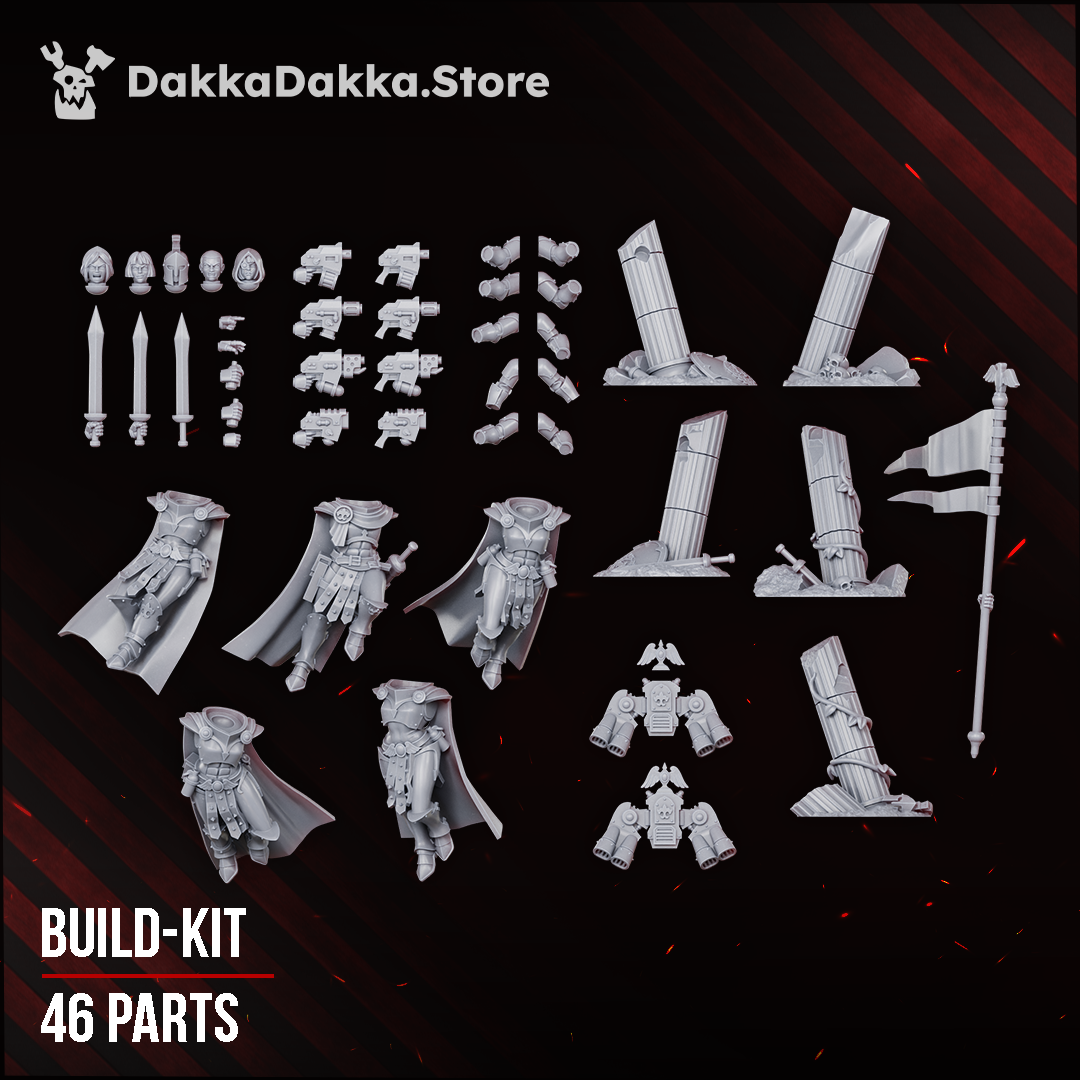 Legio Artemis Harpies/Sirens build kit, all 46 parts laid out: bodies, heads, jump packs, pistols, swords, hands, banner and columns, Dakka Dakka Store render