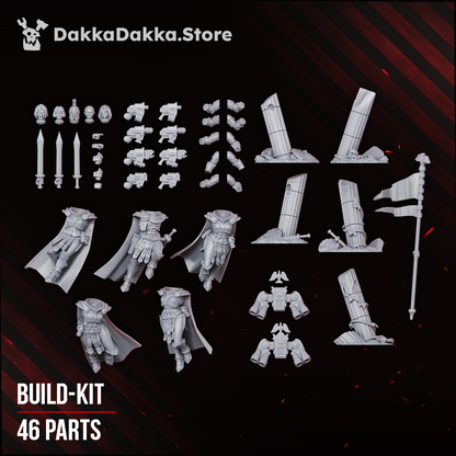 Legio Artemis Harpies/Sirens build kit, all 46 parts laid out: bodies, heads, jump packs, pistols, swords, hands, banner and columns, Dakka Dakka Store render