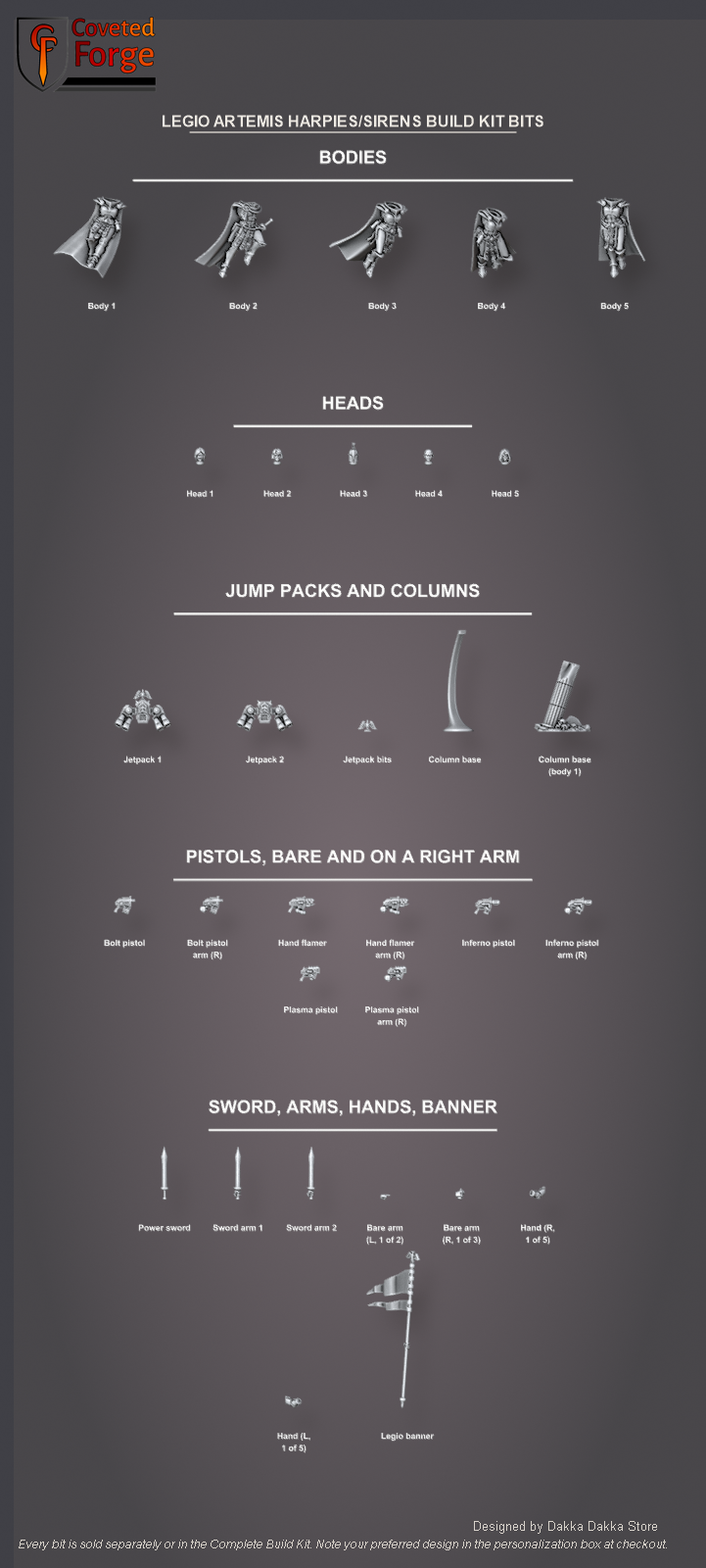 Labelled bits sheet of the Harpies/Sirens build kit: bodies, heads, jump packs, columns, pistols bare and on arms, sword, arms, hands and banner