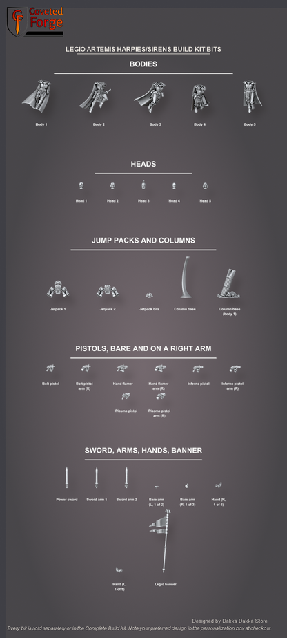 Labelled bits sheet of the Harpies/Sirens build kit: bodies, heads, jump packs, columns, pistols bare and on arms, sword, arms, hands and banner