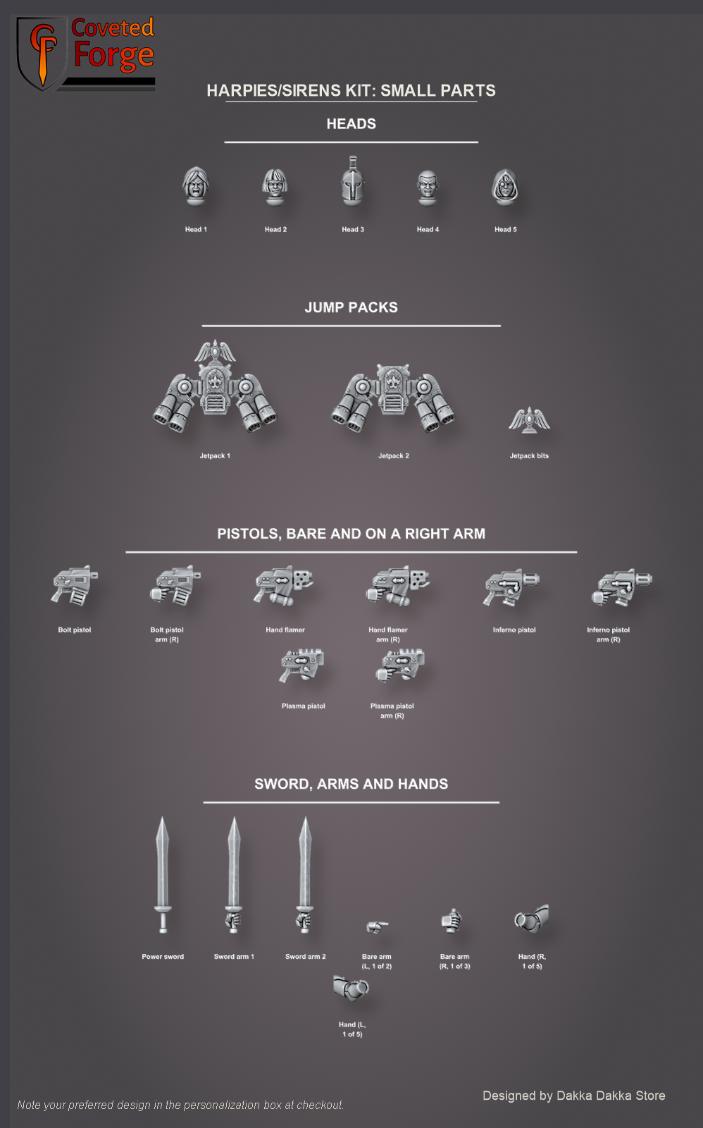 Labelled detail sheet of the small Harpies/Sirens bits: five heads, two jump packs, four pistols bare and on a right arm, power sword, arms and hands