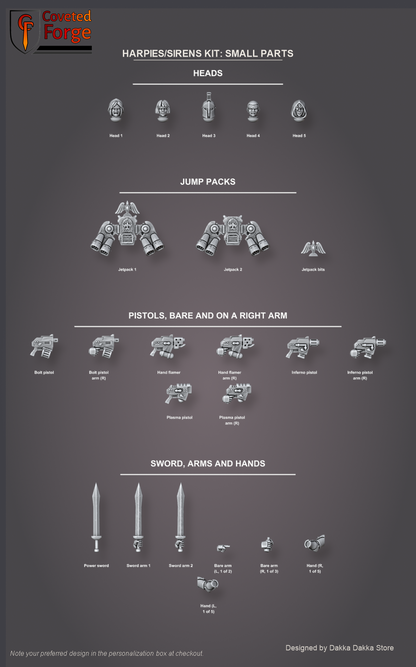 Labelled detail sheet of the small Harpies/Sirens bits: five heads, two jump packs, four pistols bare and on a right arm, power sword, arms and hands