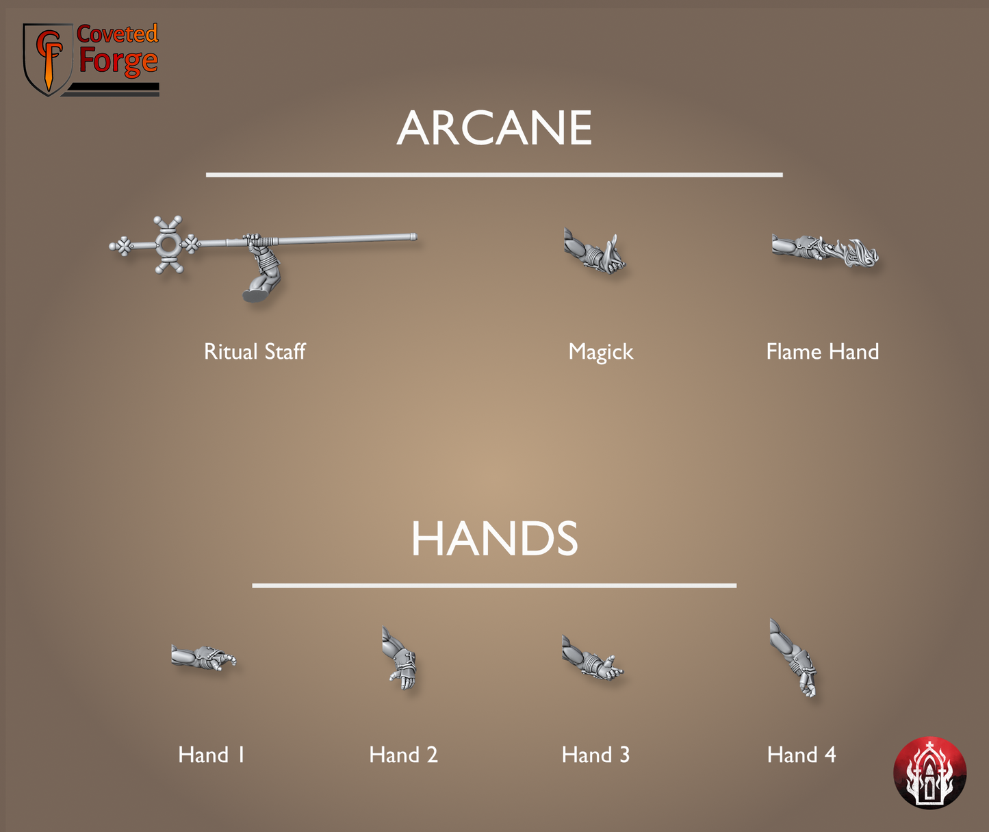 Coveted Forge parts render of the Kr'lieh Keepers arcane and hand bits: ritual staff, magick hand, flame hand and four gesturing hands. Unpainted 32mm-scale 3D-printed resin kitbash arms for grimdark sci-fi tabletop wargaming by Bullet Basilica.