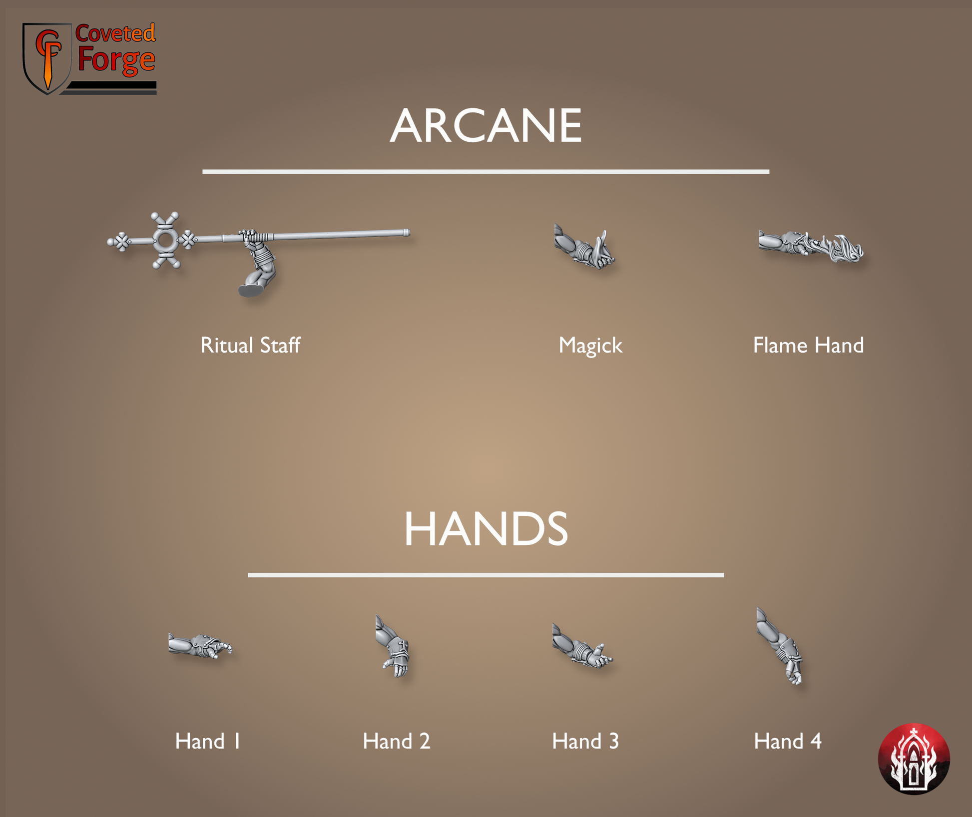 Coveted Forge parts render of the Kr'lieh Keepers arcane and hand bits: ritual staff, magick hand, flame hand and four gesturing hands. Unpainted 32mm-scale 3D-printed resin kitbash arms for grimdark sci-fi tabletop wargaming by Bullet Basilica.