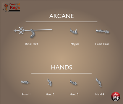 Coveted Forge parts render of the Kr'lieh Keepers arcane and hand bits: ritual staff, magick hand, flame hand and four gesturing hands. Unpainted 32mm-scale 3D-printed resin kitbash arms for grimdark sci-fi tabletop wargaming by Bullet Basilica.